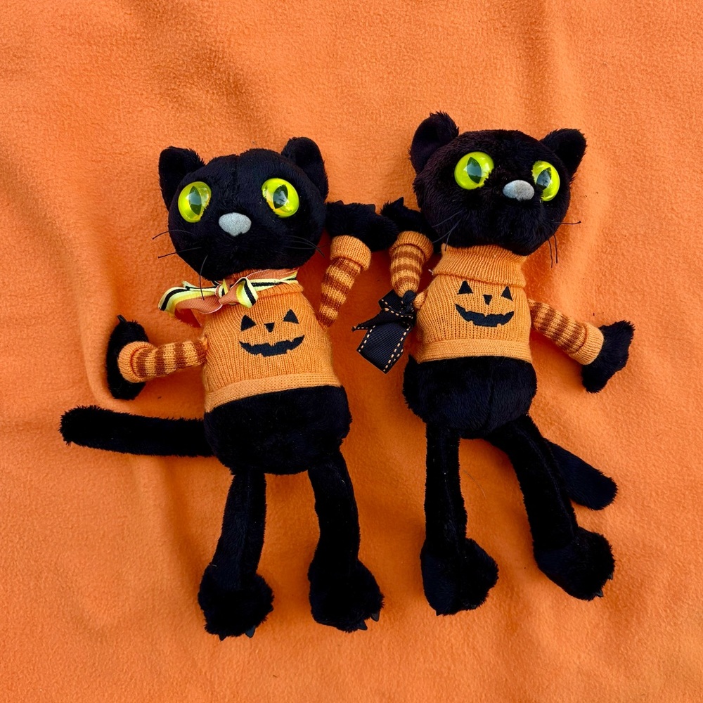 Halloween Black Cat Plush Toys with Orange Pumpkin Sweaters set of 2